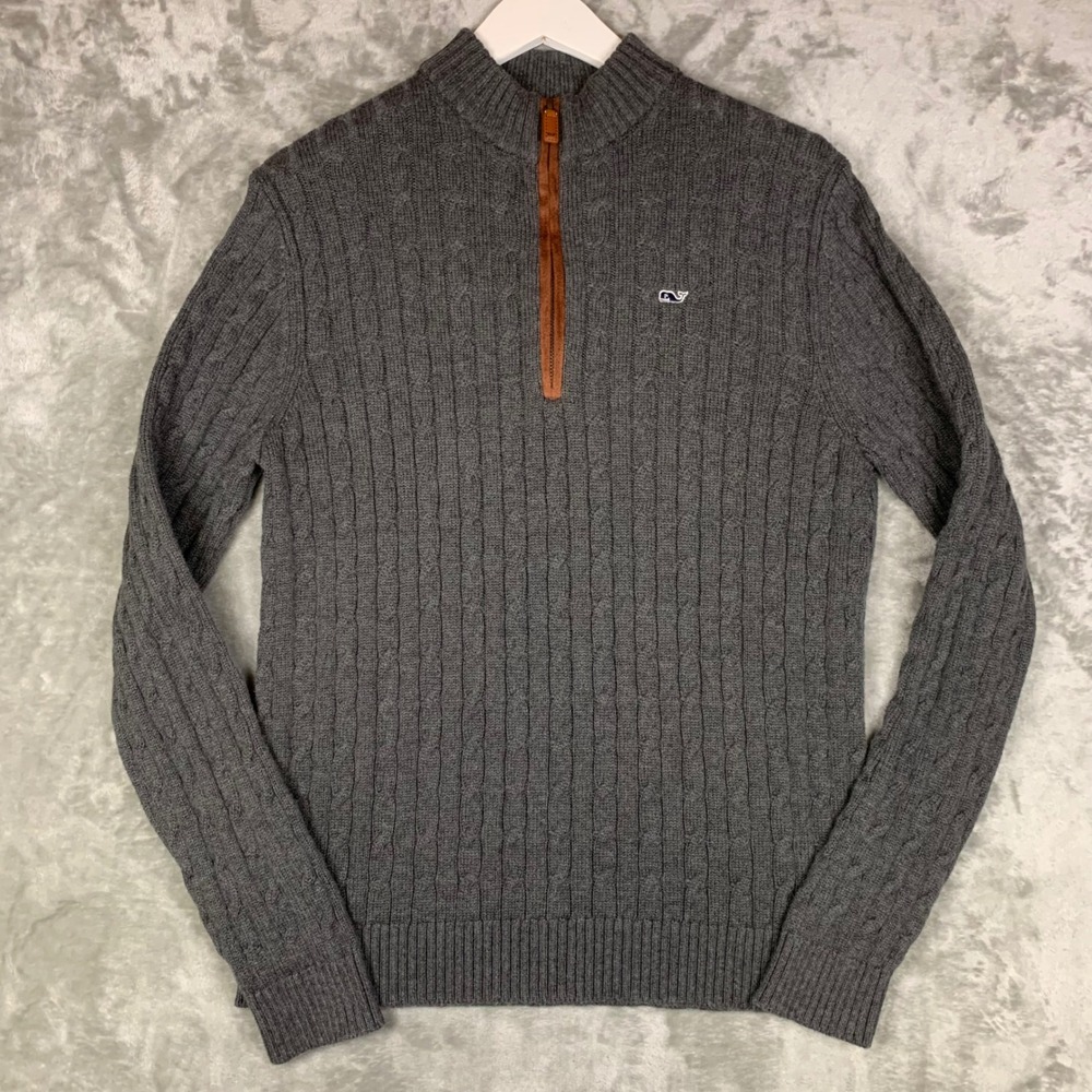Vineyard Vines Sweater Cable Knit 1/4 Zip Kids Boys XL 18 Grey Merino Wool Blend